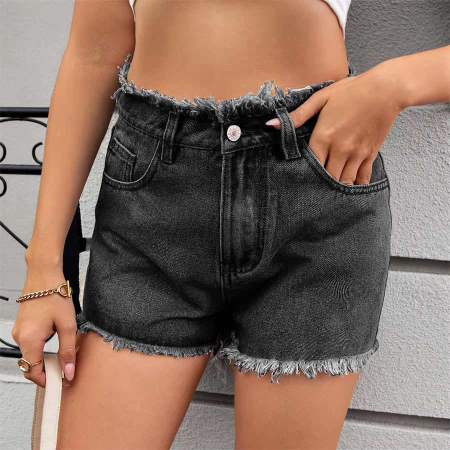 Vintage Fringed Zip Fly High Waisted Straight Trim Denim Shorts - Image 9