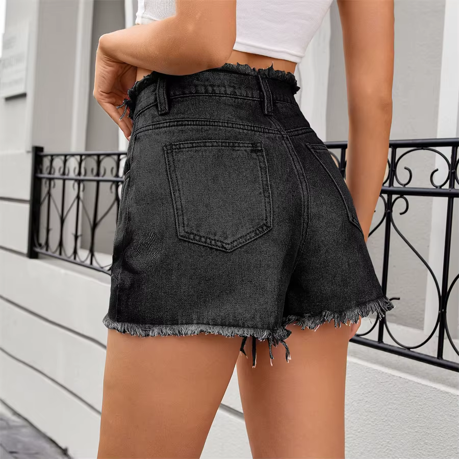 Vintage Fringed Zip Fly High Waisted Straight Trim Denim Shorts - Image 10