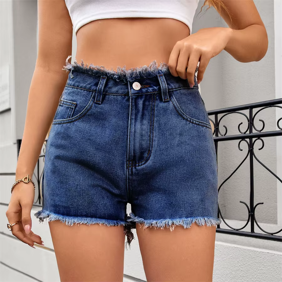 Vintage Fringed Zip Fly High Waisted Straight Trim Denim Shorts - Image 11