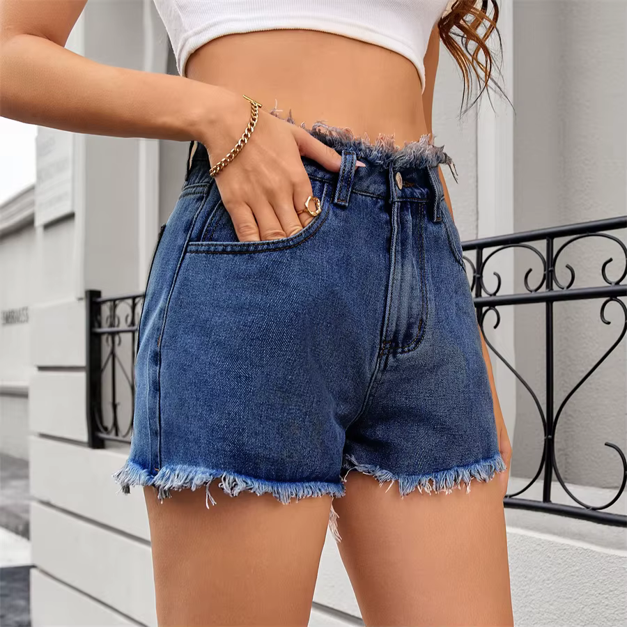 Vintage Fringed Zip Fly High Waisted Straight Trim Denim Shorts - Image 12
