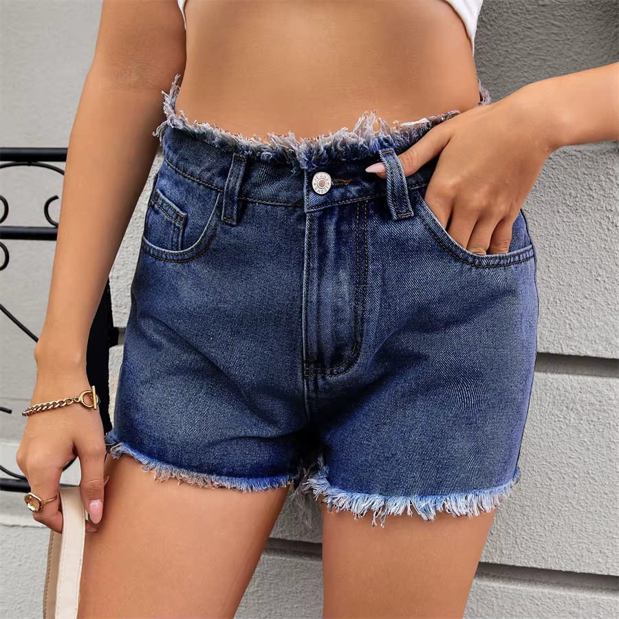 Vintage Fringed Zip Fly High Waisted Straight Trim Denim Shorts - Image 13