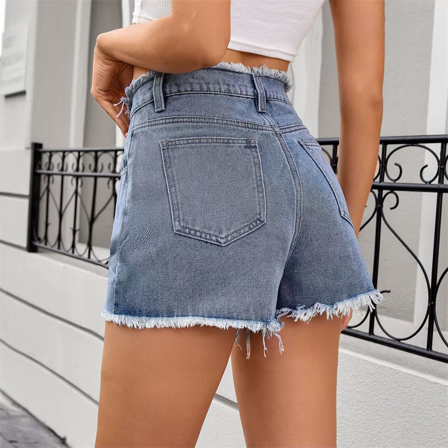 Vintage Fringed Zip Fly High Waisted Straight Trim Denim Shorts - Image 6