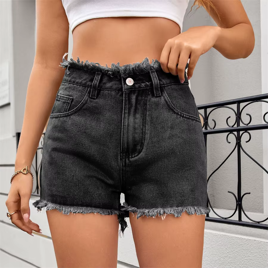 Vintage Fringed Zip Fly High Waisted Straight Trim Denim Shorts - Image 7