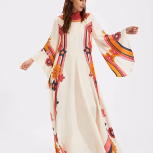 Vintage Print Stand Collar Lace-Up Irregular Sleeves Loose Maxi Dress