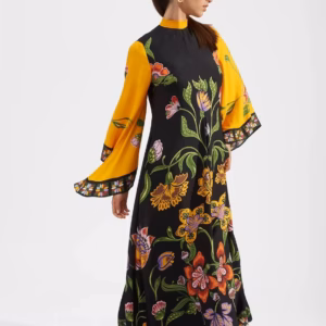 Vintage Print Stand Collar Lace-Up Irregular Sleeves Loose Maxi Dress