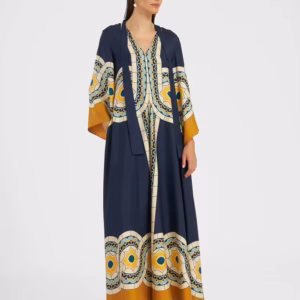 Vintage Print Stand Collar Lace-Up Irregular Sleeves Loose Maxi Dress