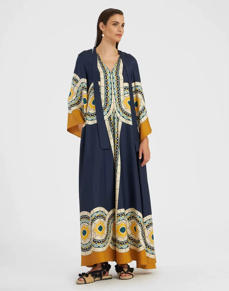 Vintage Print Stand Collar Lace-Up Irregular Sleeves Loose Maxi Dress