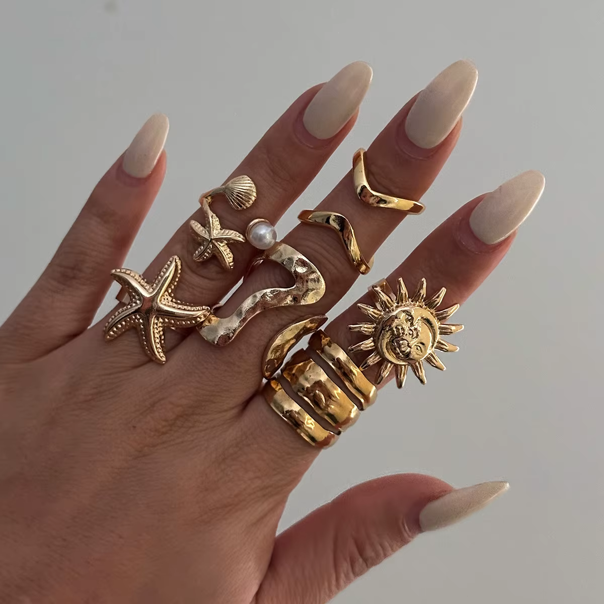 Vintage Punk Starfish Sun Knuckle Imitation Pearl Joint Rings 6pcs set