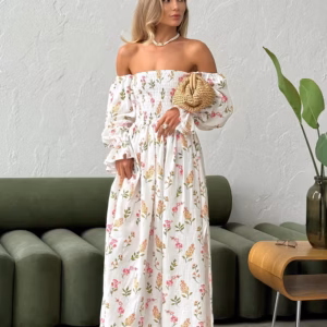 Vintage Ruffle Floral Print Cotton Butterfly Sleeve Side Slits Maxi Dress