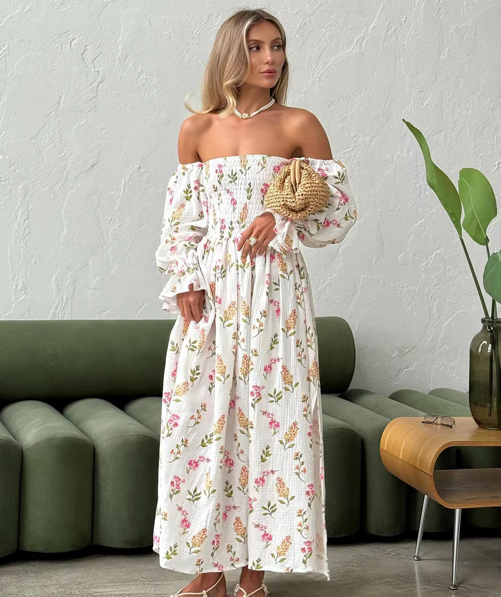 Vintage Ruffle Floral Print Cotton Butterfly Sleeve Side Slits Maxi Dress