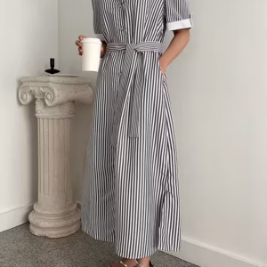 Vintage Striped High Waist Lace Up Single Breasted Loose Shirt Dress