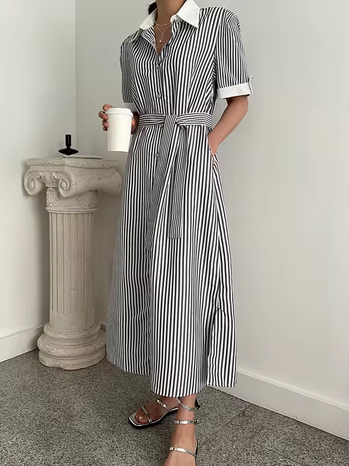 Vintage Striped High Waist Lace Up Single Breasted Loose Shirt Dress
