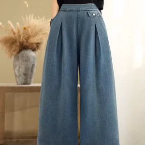 Vintage Thin Style Loose Elastic Waist Solid Denim Wide Leg Pants