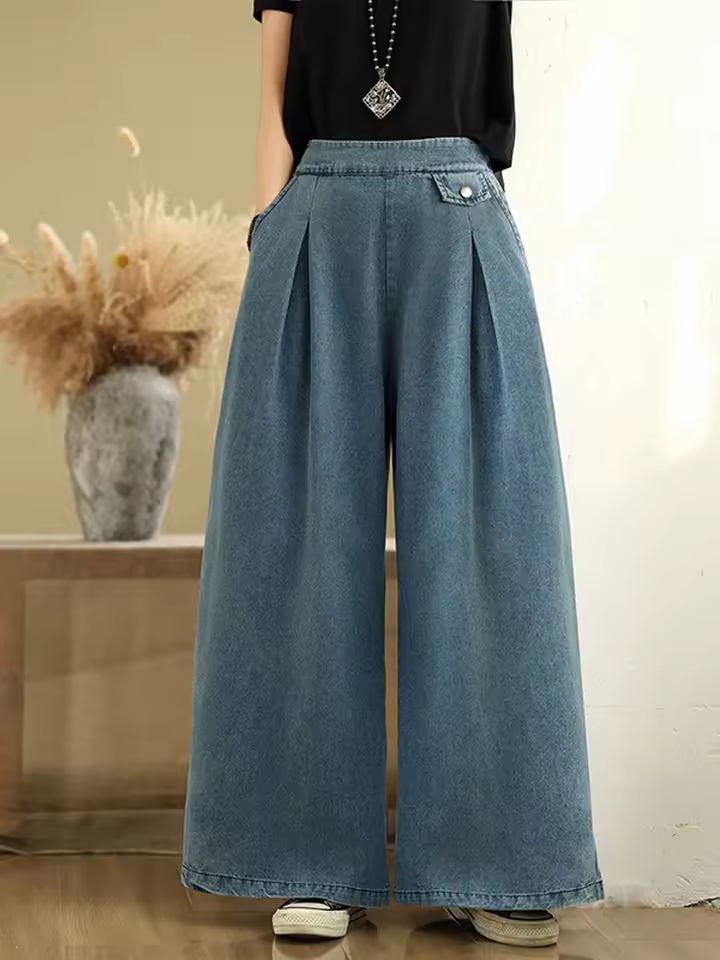 Vintage Thin Style Loose Elastic Waist Solid Denim Wide Leg Pants