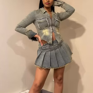 Zippers Long Sleeve Short Pleated Denim Jacket Mini Skirt Set