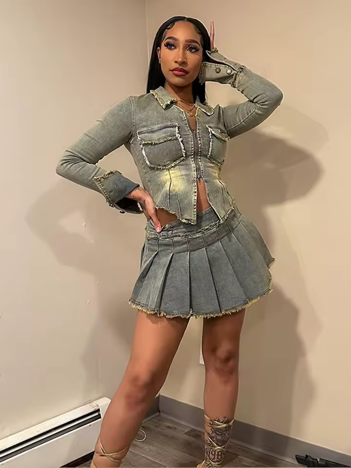 Zippers Long Sleeve Short Pleated Denim Jacket Mini Skirt Set