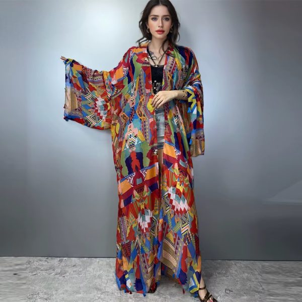 luxury kimono print coat Loose tassels Long beach Holiday Swimming Cover Up party dresses-1