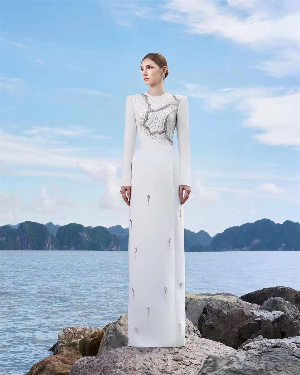 Elegant Jersey Flower Beading Sequined Straight Scoop Neck Long Dresses