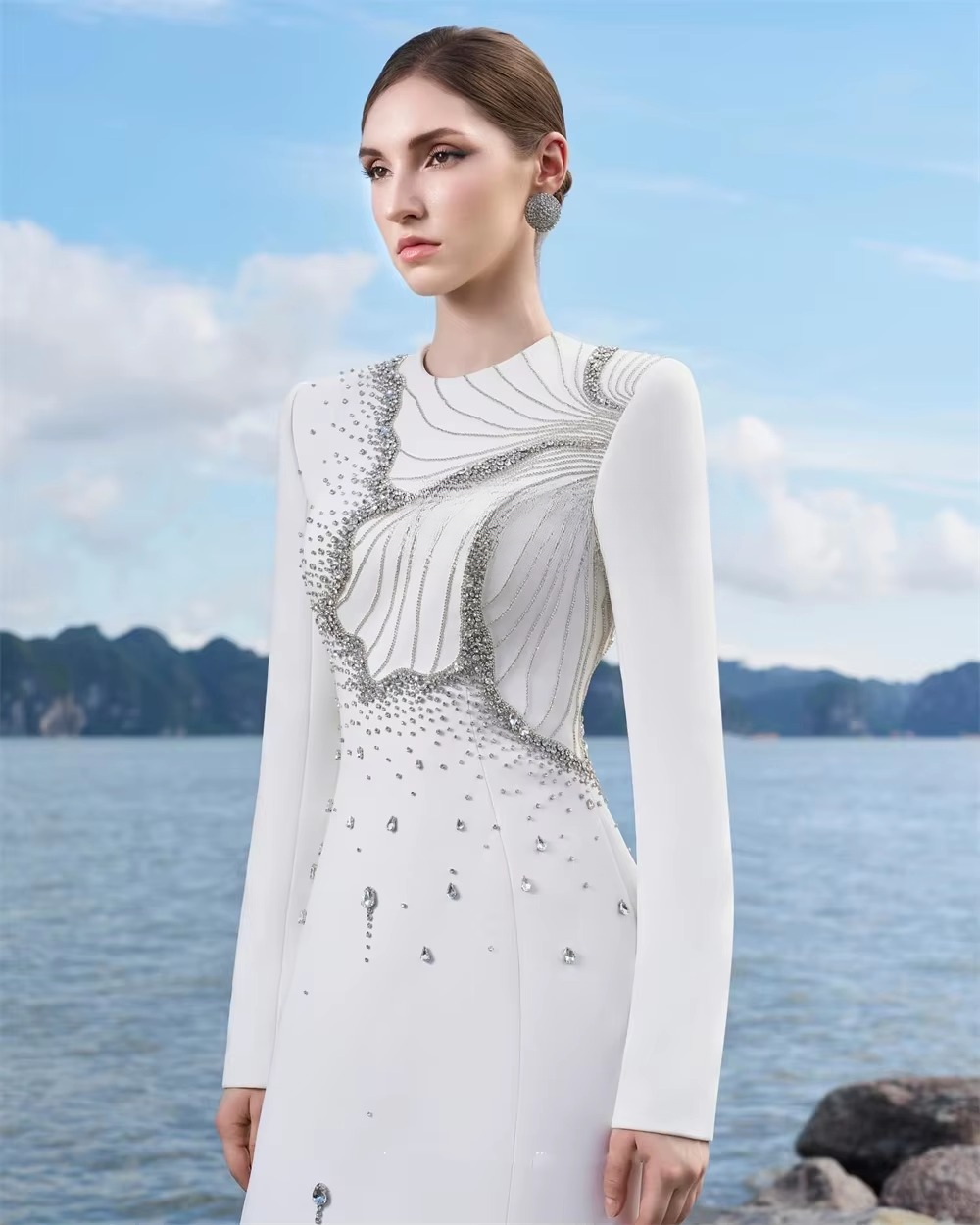 Elegant Jersey Flower Beading Sequined Straight Scoop Neck Long Dresses - Image 2