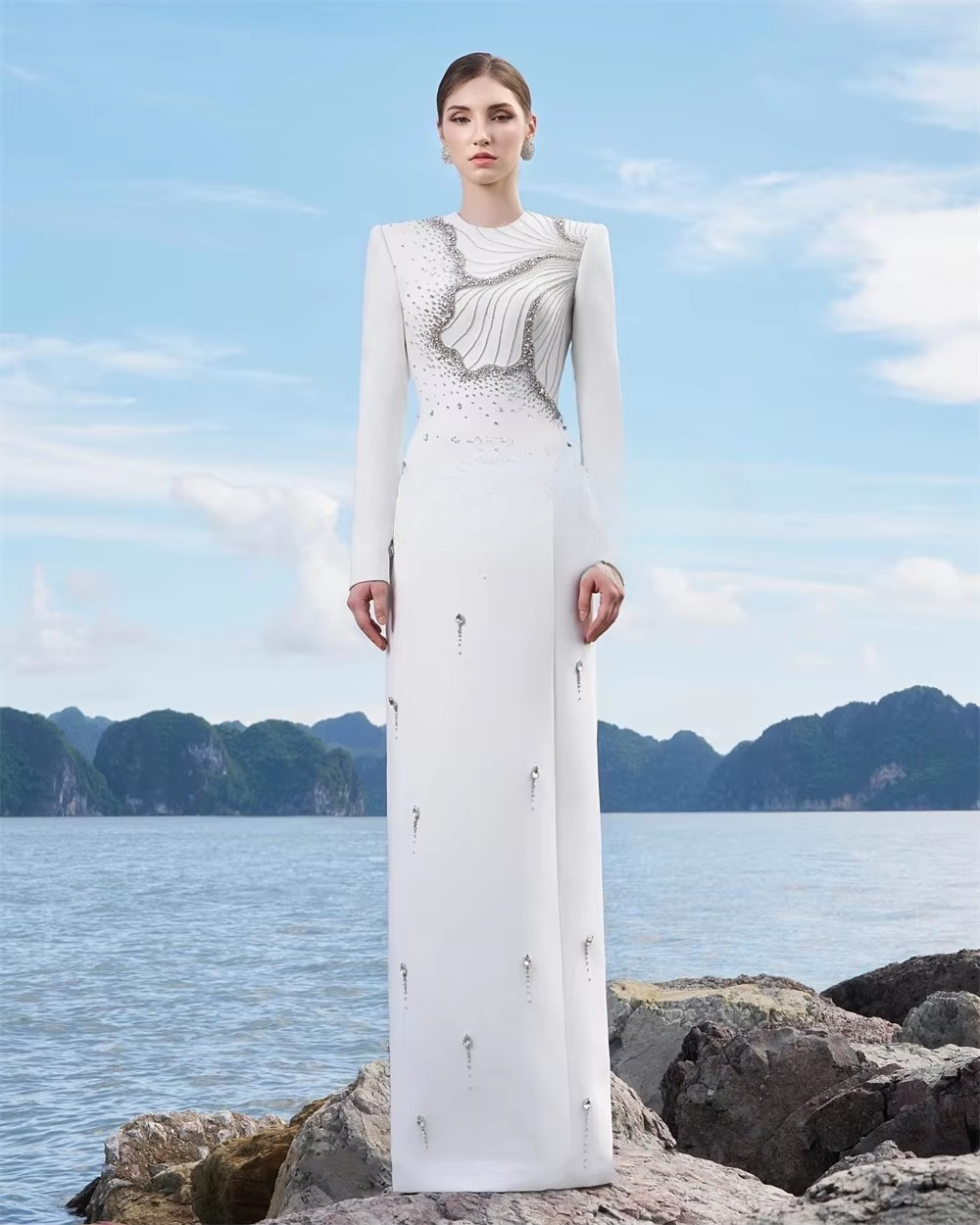 Elegant Jersey Flower Beading Sequined Straight Scoop Neck Long Dresses - Image 4