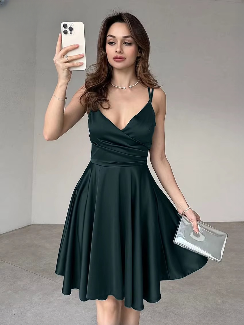 Elegant High Waist Pleated Spaghetti Strap Sleeveless Mini Dresses - Image 3