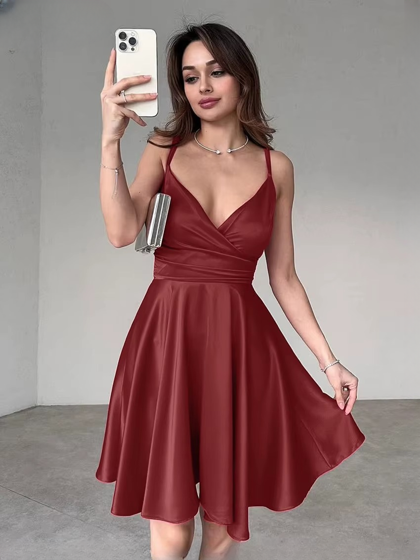 Elegant High Waist Pleated Spaghetti Strap Sleeveless Mini Dresses