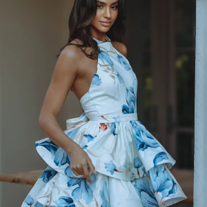 Elegant Print High Waist Pleated Halter Sleeveless Mini Dresses