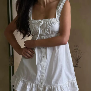 Elegant Spaghetti Strap Classic Pleated Square Collar Sleeveless Mini Dress