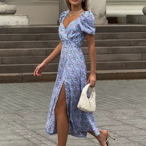 Elegant V-Neck Short Sleeve Print Ankle-Length Midi Dresses