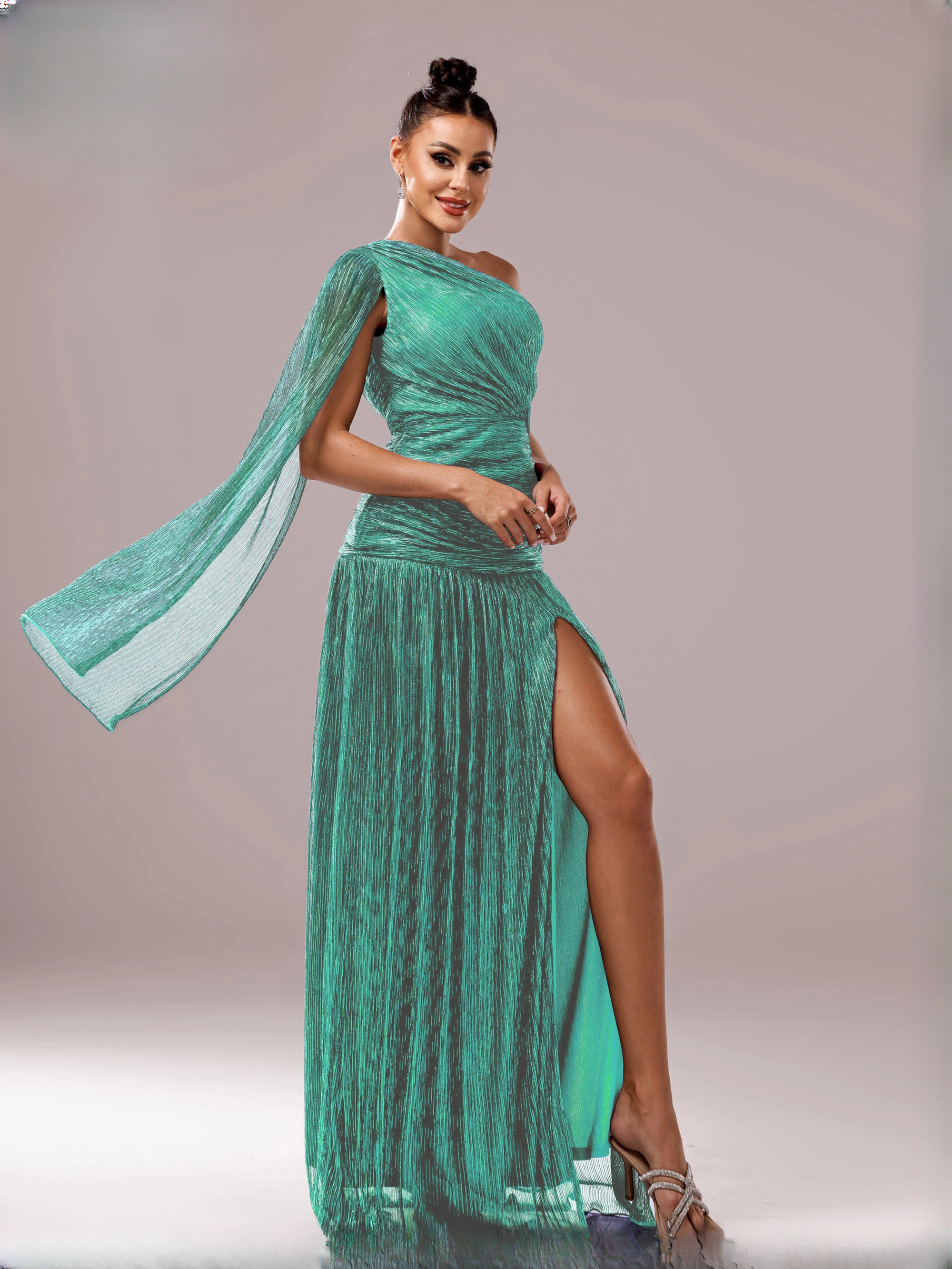 Elegant One Shoulder synthetic fiber Asymmetrical Slit Dress - Image 6