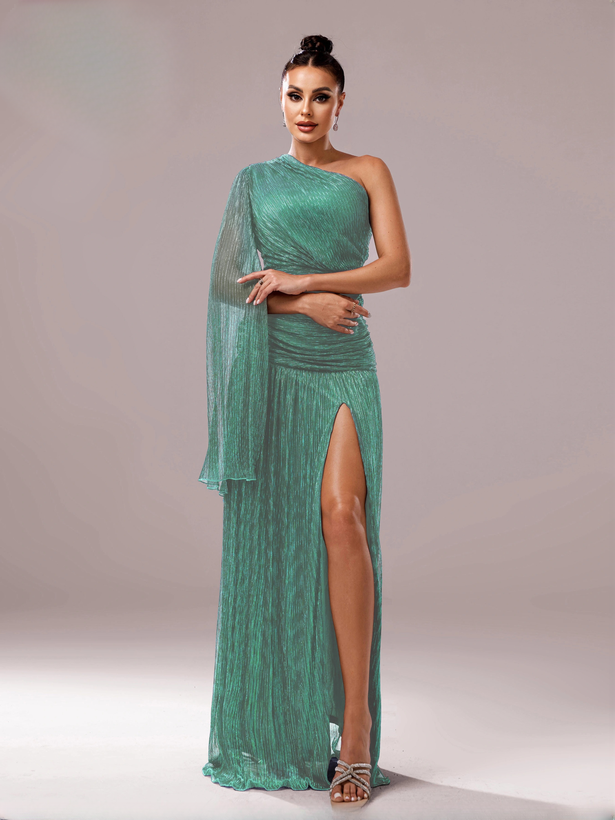 Elegant One Shoulder synthetic fiber Asymmetrical Slit Dress - Image 7