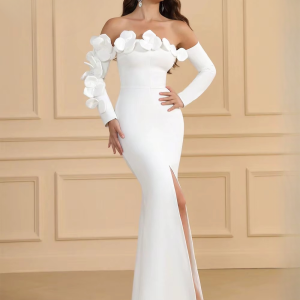 Casual One Collar Long Sleeve Bodycon Bareback Long Split Dresses