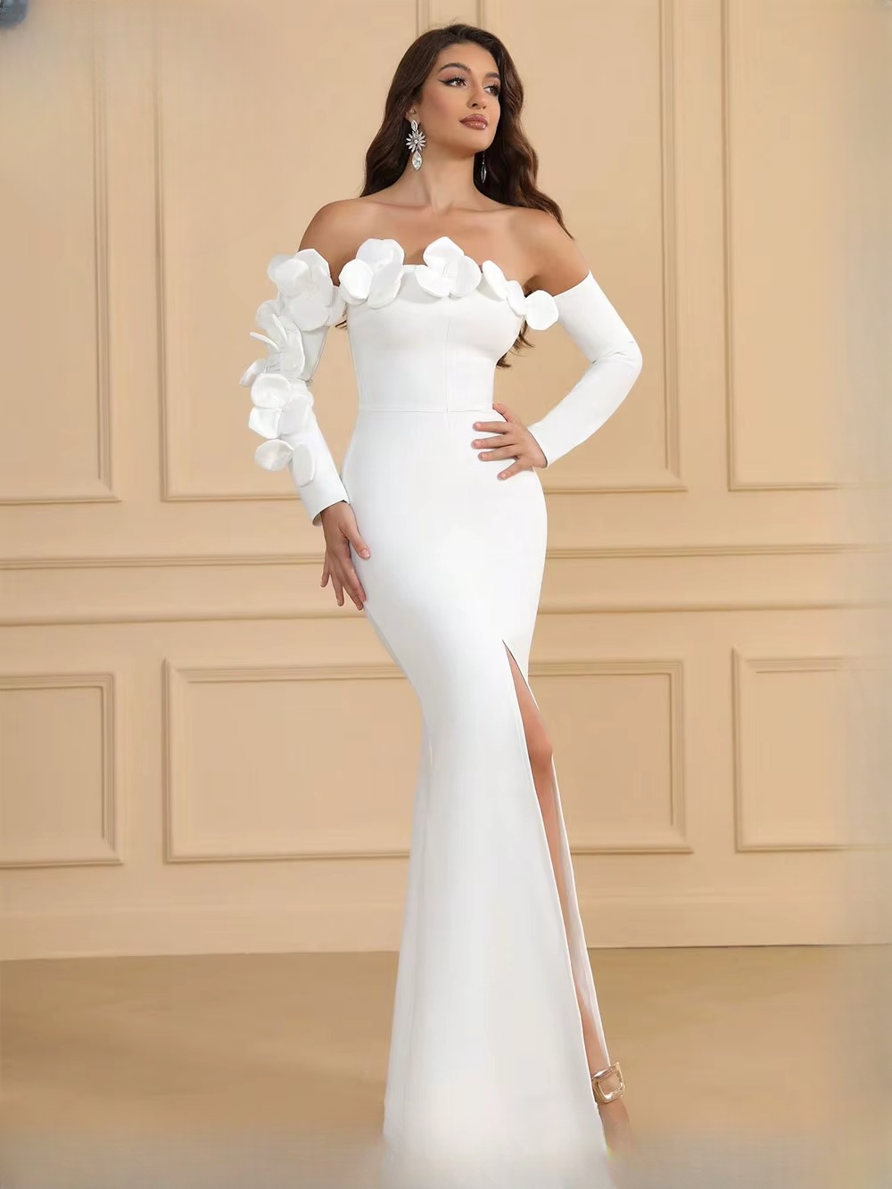 Casual One Collar Long Sleeve Bodycon Bareback Long Split Dresses