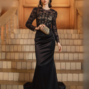 Luxury Round Neck Long Sleeved Formal Floor Length Dress