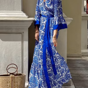 Bohemian V-neck Trumpet Sleeve Printed Waist Long Maxi Dress