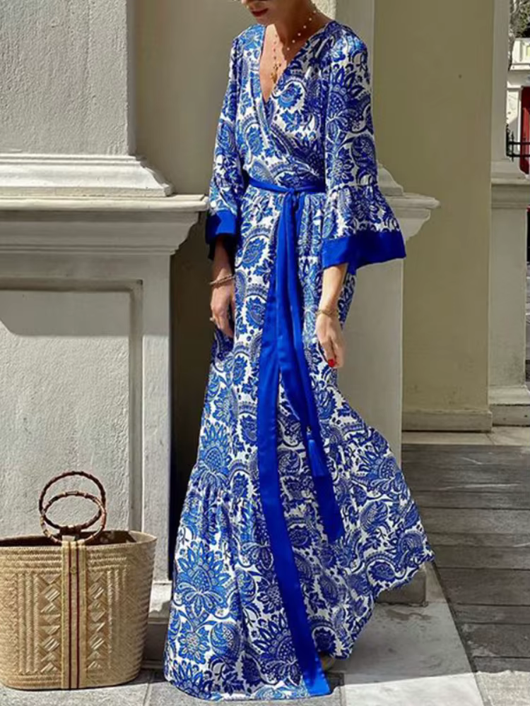 Bohemian V-neck Trumpet Sleeve Printed Waist Long Maxi Dress