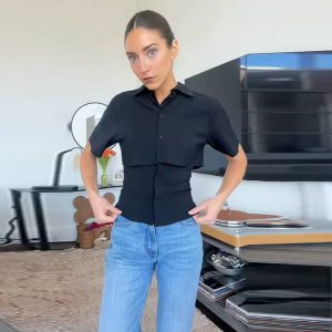 Casual Turn-Down Collar Patchwork Single Breasted Short Sleeve Shirt