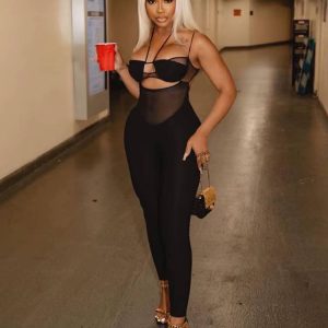 Elegant Solid Mesh Casual Spaghetti Strap Body-Shaping Jumpsuit