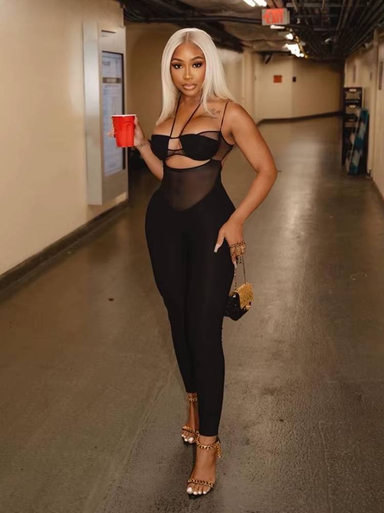 Elegant Solid Mesh Casual Spaghetti Strap Body-Shaping Jumpsuit