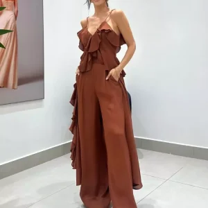 Elegant Raised Waistline Ruffled Camisole And Wide-leg Trousers