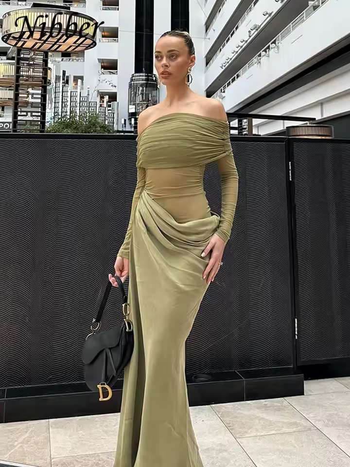 Elegant Slash Neck Ruched Strapless Patchwork Fit Chic Birthday Party Maxi Dress