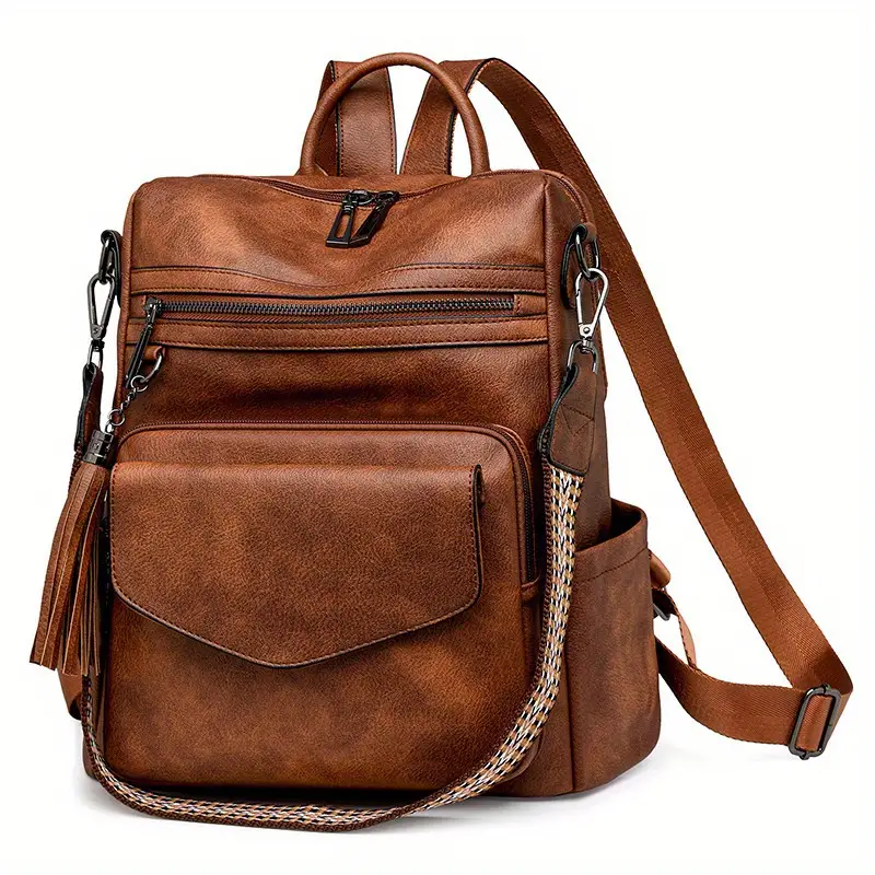 Vintage Block Design With Tassel Stain-Resistant Leather Backpack - Image 2