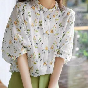 Casual Short Puff Sleeve Stand Collar Flower Printed Shirts Blouses