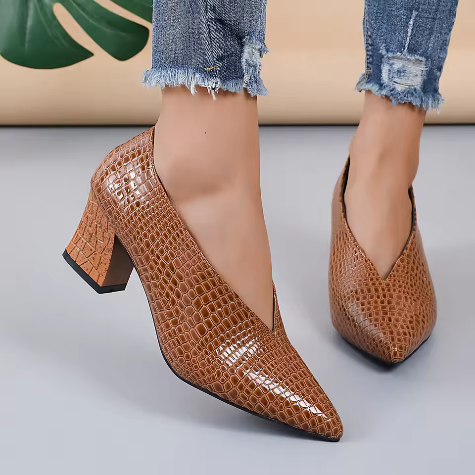 Casual Soft Leather Shallow Pointed Toe Thick Square Heel - Image 22