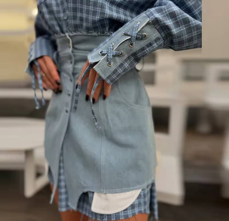 Preppy Style Patchwork Striped Long Sleeve Lapel Shirts And Skirt Slim Outfit - Image 5