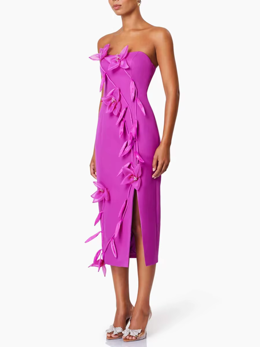 Elegant Strapless Solid Slimming Spliced Appliques High Waist Split Midi Dress - Image 3