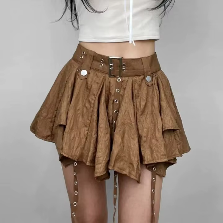 Trendy Crumpled Layer With Belt Strap Elastic Back Asymmetrical Mini Skirt - Image 8