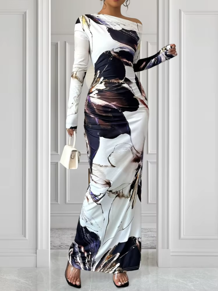 Elegant Slim Fit Printed Slanted Shoulder Long Sleeved Maxi Dress - Image 2