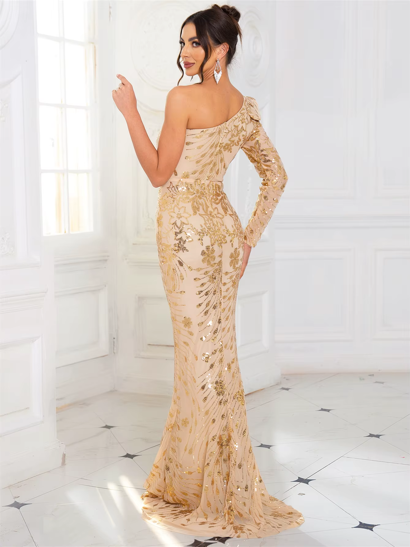 Elegant Sequined Ruffle One Shoulder Floor Length Long Sleeve Evening Event Maxi Dress - Image 7