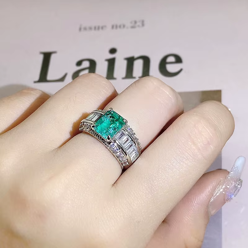 925 Silver Emerald Princess Diamond Crystal Anniversary Couples Ring